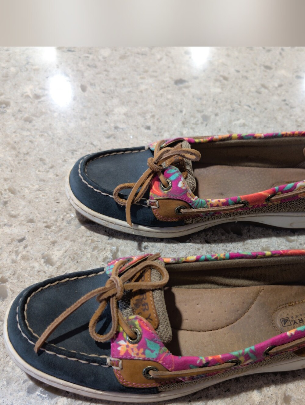 Sperry Women's' Navy Boat Shoes with Pink Floral Trim